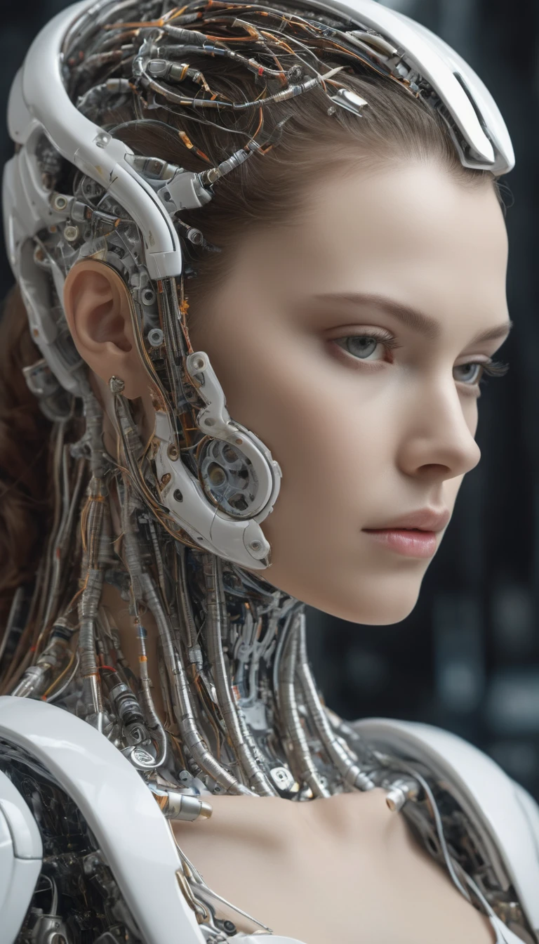 complex 3d render ultra detailed of a beautiful porcelain profile woman android face, cyborg, robotic parts, 150 mm, beautiful studio soft light, rim light, vibrant details, luxurious cyberpunk, lace, hyperrealistic, anatomical, facial muscles, cable electric wires, microchip, elegant, beautiful background, octane render, H. R. Giger style, 8k, best quality, masterpiece, illustration, an extremely delicate and beautiful, extremely detailed ,CG ,unity ,wallpaper, (realistic, photo-realistic:1.37),Amazing, finely detail, masterpiece,best quality,official art, extremely detailed CG unity 8k wallpaper, absurdres, incredibly absurdres, robot, silver halmet, full body, sitting