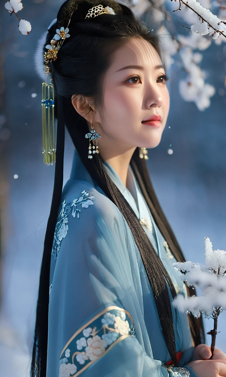 cinematic photo cinematic photo xsfantasy,oriental fantasy,asian,chinese,a 18 years old cute Chinese girl with thin face wearing hanfu,In the enchanting style of 90s Cinematic photography,capture the beauty of a Chinese girl::4 gracefully adorned in a Hanfu attire amidst a winter wonderland. Against a backdrop of a snow-covered landscape,she stands as if emerging from a dream,her flowing blue gown glistening like transparent ice. The soft moonlight illuminates the scene,while a gentle haze of smoke envelopes the air,creating an ethereal and mystical atmosphere. The composition::1 emphasizes the delicate intricacies of her Hanfu and the contrast with the snowy surroundings. The cool blue tones of her dress harmonize with the moonlit ambiance and the soft veil of smoke,resulting in a captivating and otherworldly image. Panaflex Platinum,35mm focal length,f/2.5 aperture,ISO 400,shutter speed 1/100. . 35mm photograph,film,bokeh,professional,4k,highly detailed, . 35mm photograph, film, bokeh, professional, 4k, highly detailed