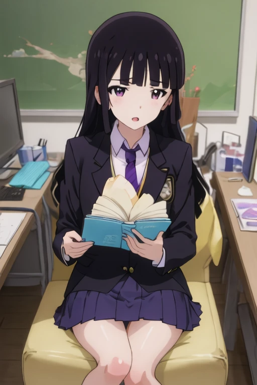 best quality, masterpiece, highres, solo, {mitsuki_kanzaki_imocho:1.15}, black_hair, long_hair, bangs, purple_eyes, 1girl, blazer, jacket, necktie, school_uniform, open_mouth