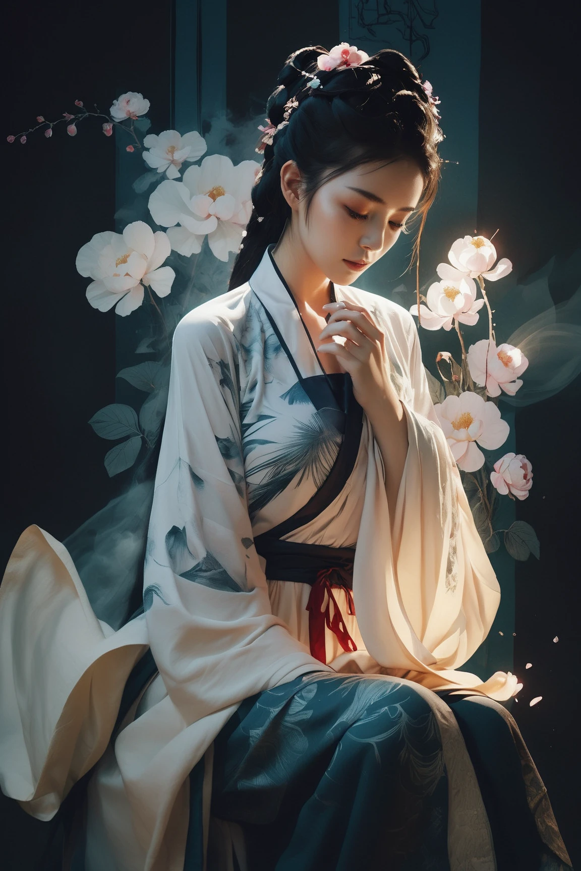 Double Exposure Style, Volumetric Lighting, a girl with Wrap top,knees together feet apart,Traditional Attire,Artistic Calligraphy and Ink,, light depth, dramatic atmospheric lighting, Volumetric Lighting, double image ghost effect, image combination, double exposure style