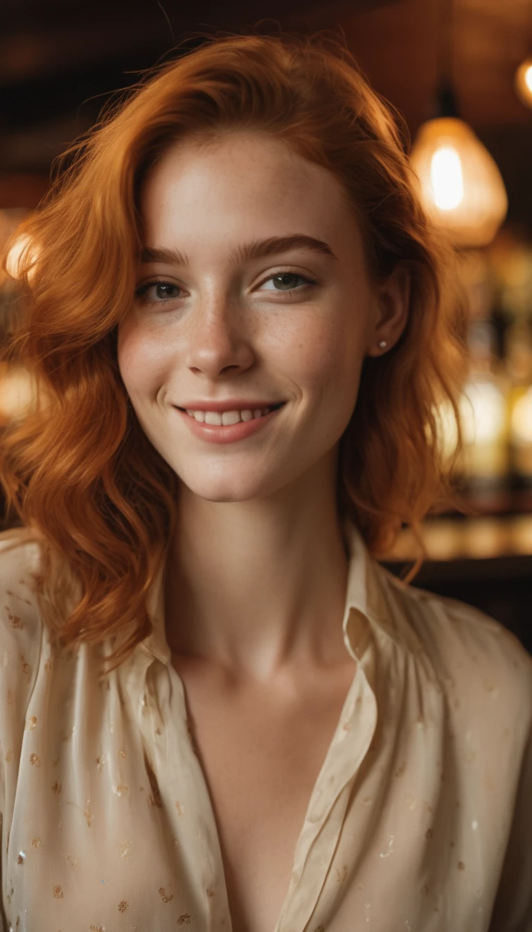 a close up photo of a 20 year old french woman in a blouse at a bar, seductive smile, ginger hair, cinematic light, film still,