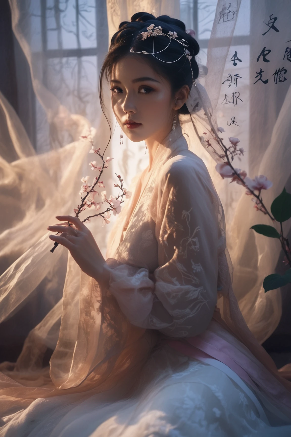 Double Exposure Style, Volumetric Lighting, a girl with Tulle skirt,head tilt,Traditional Attire,Artistic Calligraphy and Ink,, light depth, dramatic atmospheric lighting, Volumetric Lighting, double image ghost effect, image combination, double exposure style