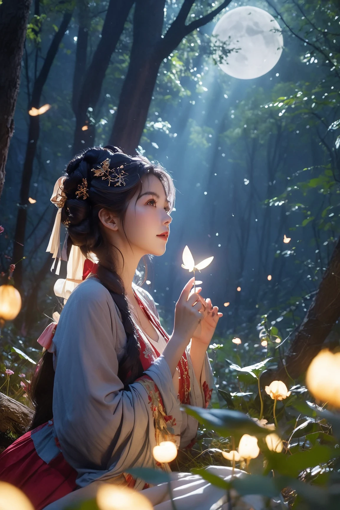 cinematic film still In the heart of the forest, a girl with fox ears holds a microphone and takes center stage for a captivating woodland concert. Her eyes twinkle with excitement, and her fox-like ears twitch playfully as she commands the audience's attention. A soft spotlight cuts through the trees, casting a warm glow on her, while fireflies illuminate the surrounding air with a magical radiance. Her voice resonates through the enchanted forest, mingling with the rustling leaves and soothing night sounds. With the moon as her spotlight and the creatures of the woods as her audience, she enchants them all with her melodic performance, weaving a harmonious melody into the tapestry of nature.Natural light, . shallow depth of field, vignette, highly detailed, high budget Hollywood movie, bokeh, cinemascope, moody, epic, gorgeous, film grain, grainy