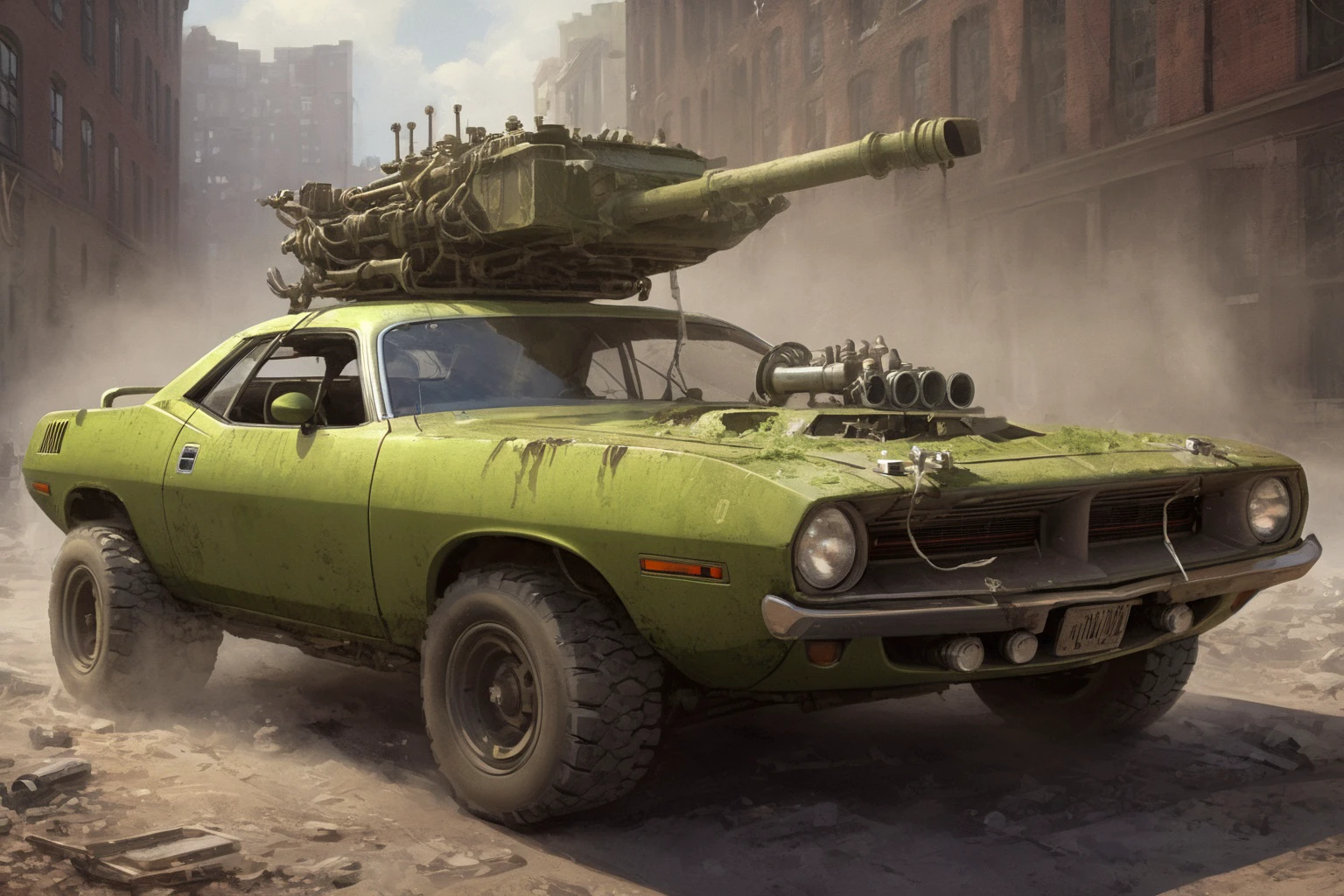 ((lime 1970PlymouthBarracuda),
vault SZ_4poXL enviroment,
in manypipesai city
BREAK
teslapunkai battle mech, tank,
missiles, oversized bumper, bulldozer pushframe, bulldozer blade
BREAK
3d render, cgi, symetrical, octane render, 35mm, bokeh, 9:16, (intricate details:1.12), hdr, (intricate details, hyperdetailed:1.15), (natural skin texture, hyperrealism, soft light, sharp:1.2)
<lora:Post ApocalypticXL_v2:0.6> <lora:add-detail-xl:1> <lora:1970PlymouthBarracuda_SDXL_v01:1> <lora:TechPunkAI:0.6>
