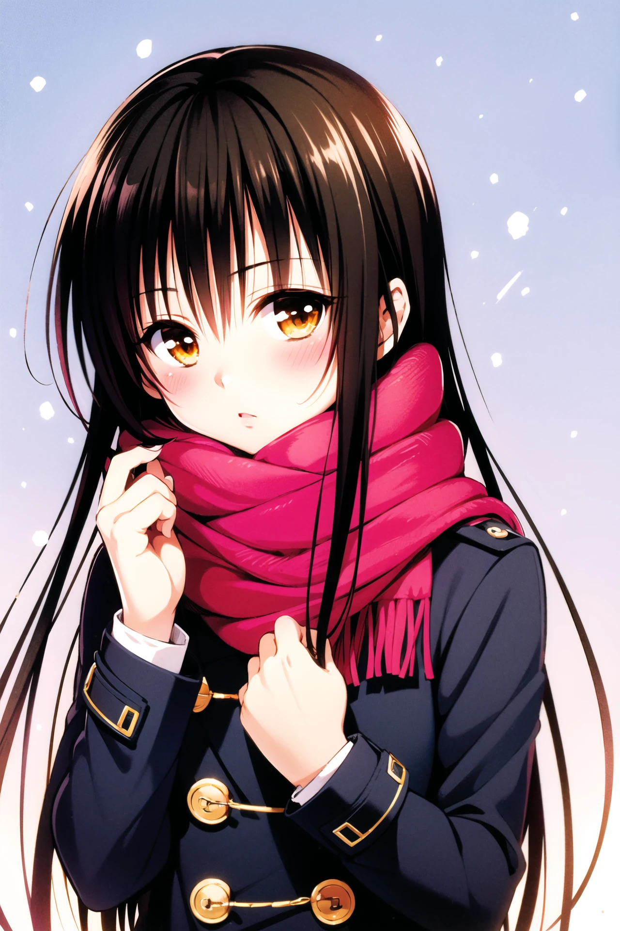 1girl,  kotegawa yui, solo, scarf, long hair, black hair, blush, upper body, looking at viewer, bangs, coat, snowing, brown eyes, long sleeves, earphones, simple background,<lora:Yabuki Kentarou_v2:0.8>