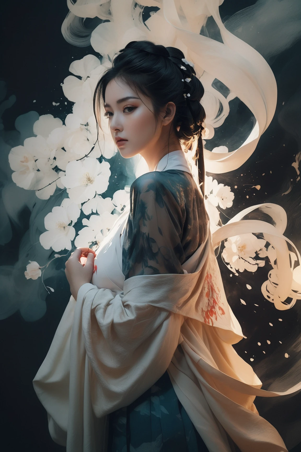 Double Exposure Style, Volumetric Lighting, a girl with Wrap top,arching her back,Traditional Attire,Artistic Calligraphy and Ink,, light depth, dramatic atmospheric lighting, Volumetric Lighting, double image ghost effect, image combination, double exposure style