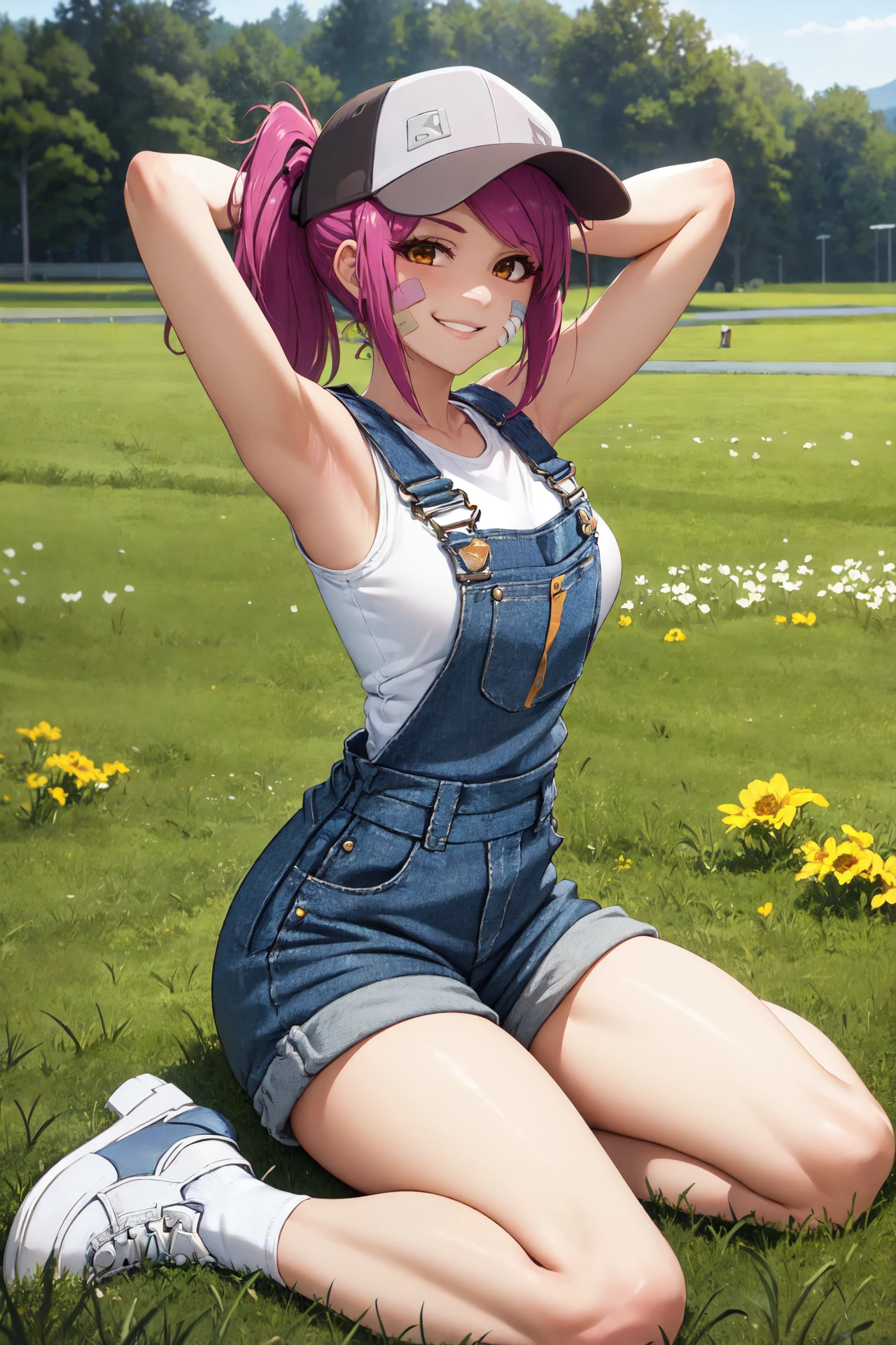 (masterpiece, best quality), outdoors, spring, spring field, 1girl, solo, LeahAirisubaka, ponytail, cheek bandaid, <lora:LeahAirisubaka_V1-Manityro-Dadapt:1>, toned, smile, looking at viewer, [[baseball]] cap, overalls, overall shorts, white crop top, armpits, sleeveless, white footwear, arms behind head, wariza