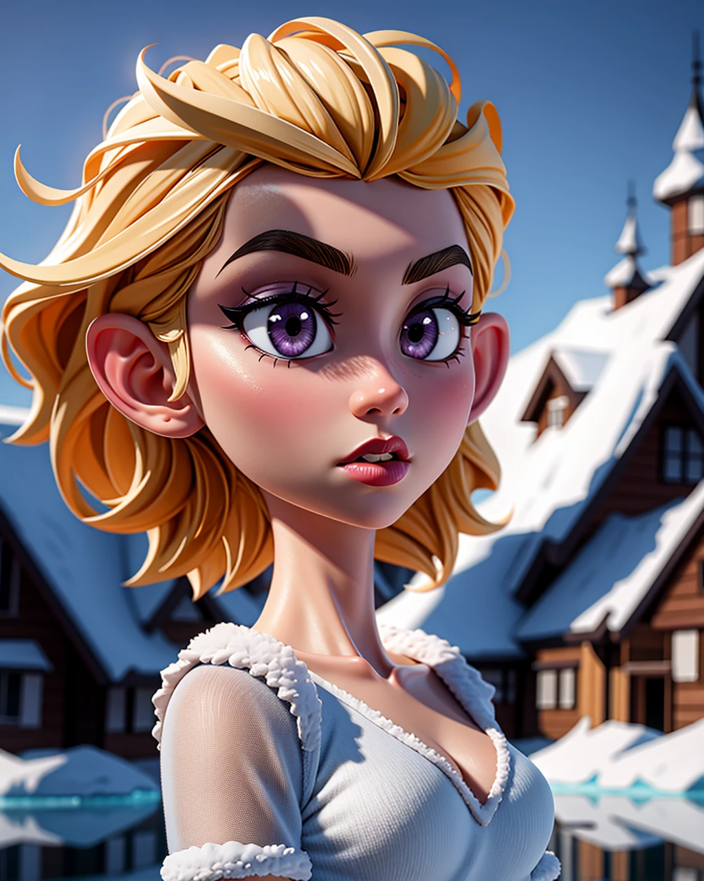 ((masterpiece), best quality, high quality, professional quality, highly detailed, highres, perfect lighting, natural lighting), Barbarian, Oracle, Average Height, Ripped, Round Face, Olive Skin, Platinum Blonde Hair, purple Eyes, Long Nose, Pouty Lips, Prominent Chin, French Fork, Bald, Slicked Back, A frozen tundra, with icy peaks and frozen lakes stretching as far as the eye can see