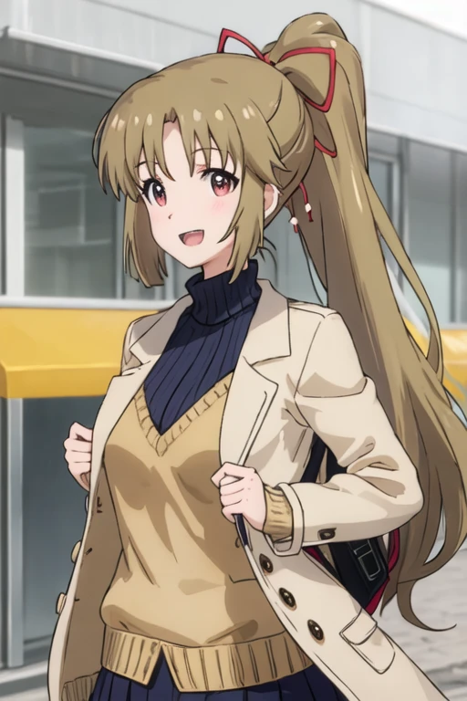 best quality, masterpiece, highres, solo, {yukina_kiritani_imocho:1.15}, ponytail, brown_hair, long_hair, hair_ribbon, ribbon, red_ribbon, red_eyes, 1girl, bangs, coat, sweater, turtleneck, turtleneck_sweater, upper_body, blue_sweater, brown_coat, jacket, looking_at_viewer, open_mouth, parted_bangs, smile, :d, ribbed_sweater, open_clothes