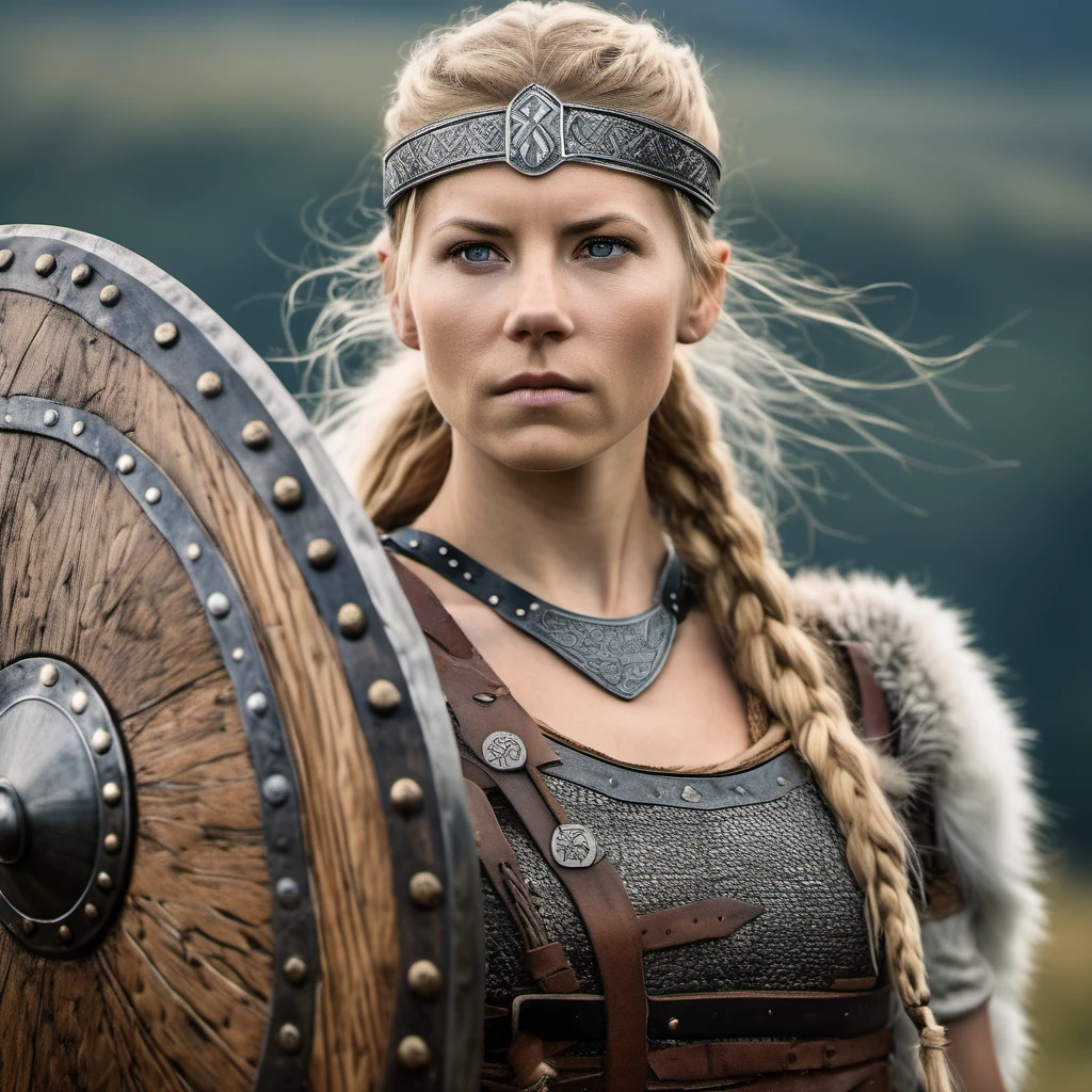 Portrait photograph of a beautiful and fierce viking shield maiden , Nikon Z9, looking at the camera, realistic matte skin, (highly detailed), ((skin texture)), (sharp focus), high-res
