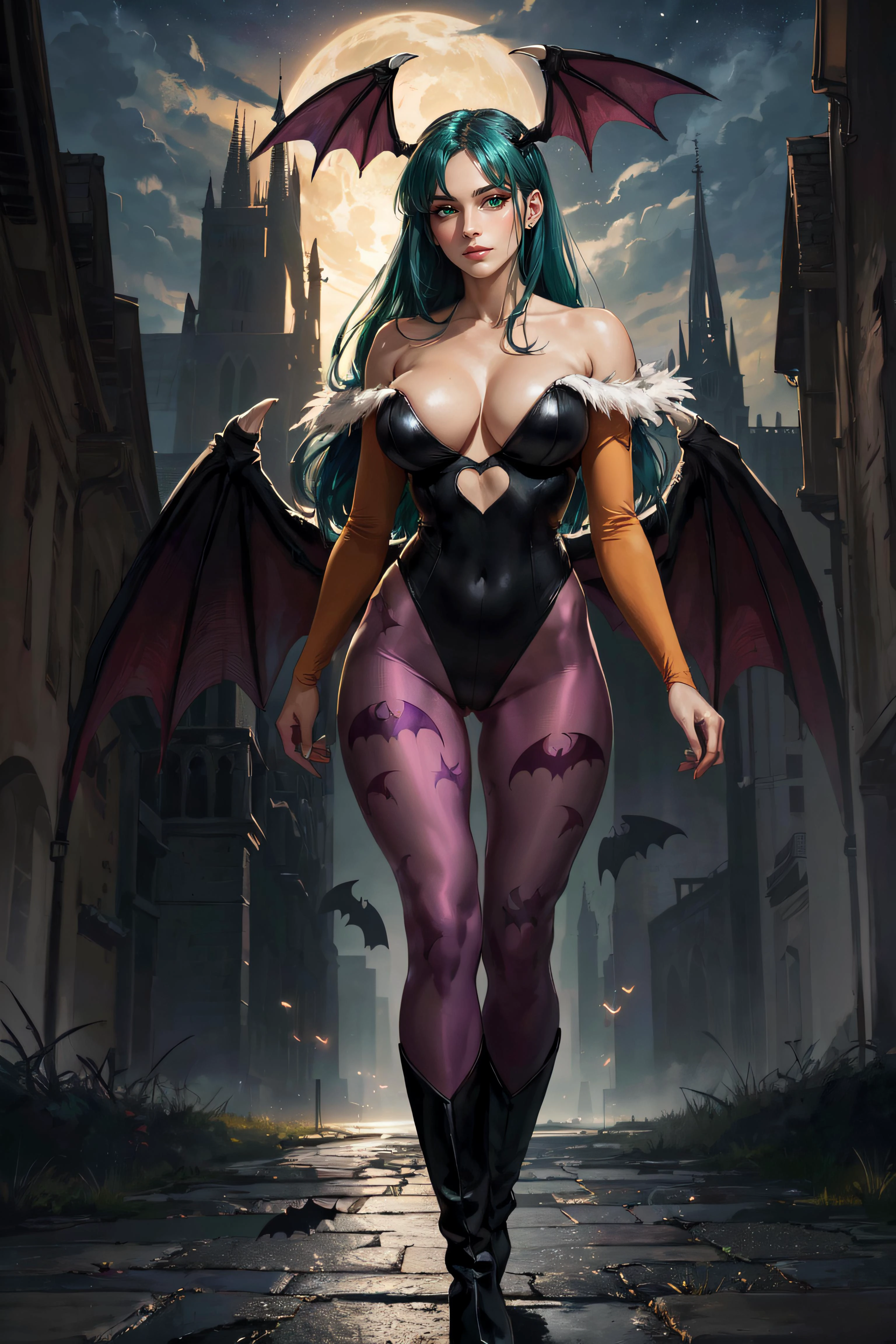 (masterpiece, best quality, ultra detailed, absurdres)1.5, 1girl, (sexy, beautiful woman, perfect face, perfect eyes, perfect female body, huge breasts)1.5, (morrigan_aensland_aiwaifu, long hair, green_hair, bangs, demon_girl, head_wings, wings, animal_print, pantyhose, bat_print, bat_wings, print_legwear, bridal_gauntlets, leotard, bare_shoulders, cleavage, black_wings, orange_gloves, thong_leotard, black_footwear, bat print, clothing_cutout, purple_wings, heart_cutout, low_wings, black_leotard, bat, highleg_leotard, purple_legwear, highleg, demon_wings, feather_trim, gloves, koakuma, cutout_above_navel, thighs, collarbone, knee boots, <lora:morrigan_aensland_aiwaifu:0.7>), (standing, outdoors, gothic cathedral in background, night sky), perfect lighting, smooth, hdr