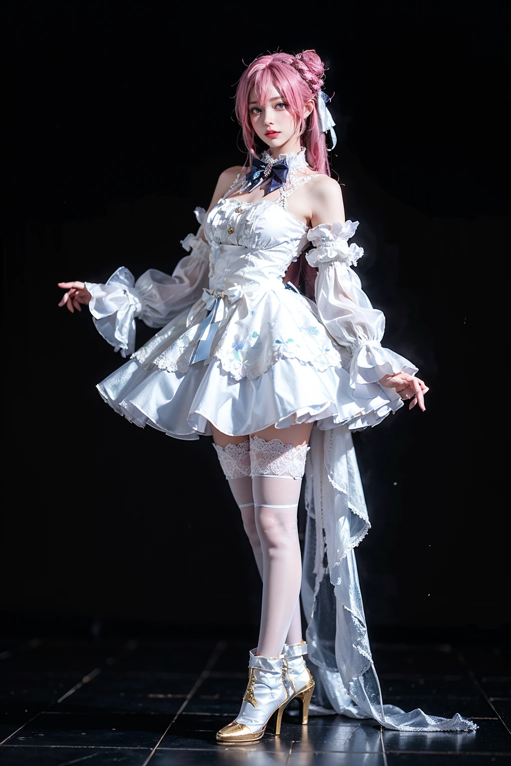 best quality, masterpiece, realistic, photorealistic, 1girl, solo, looking at viewer, full body, standing, dorothy costplay costume, cosplay, hair bun, white dress, detached sleeves, white thighhighs, high heel boots, detailed background, <lora:nikke_dorothy_cosplay_costume_v1:0.65>