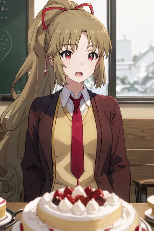 best quality, masterpiece, highres, solo, {yukina_kiritani_imocho:1.15}, ponytail, brown_hair, long_hair, hair_ribbon, ribbon, red_ribbon, red_eyes, 1girl, cake, food, necktie, school_uniform, cardigan, open_mouth