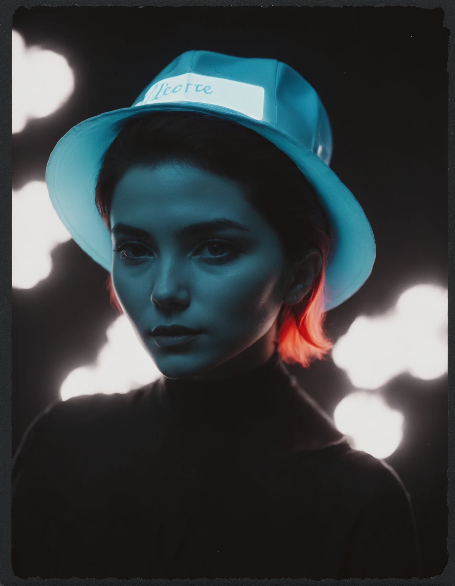 35mm, F/5, Azure neon hue, Polaroid, Tiny petite Fien, wearing Fire Hat, Profound Short and slicked back hairstyle, Depth of field 270mm, split lighting, Nikon Z9, monochrome grayscale black and white b&w cool shadows warm highlights soft focus black and white classic sound stage vintage film grain scratches patina directed cinematography movie film classic
