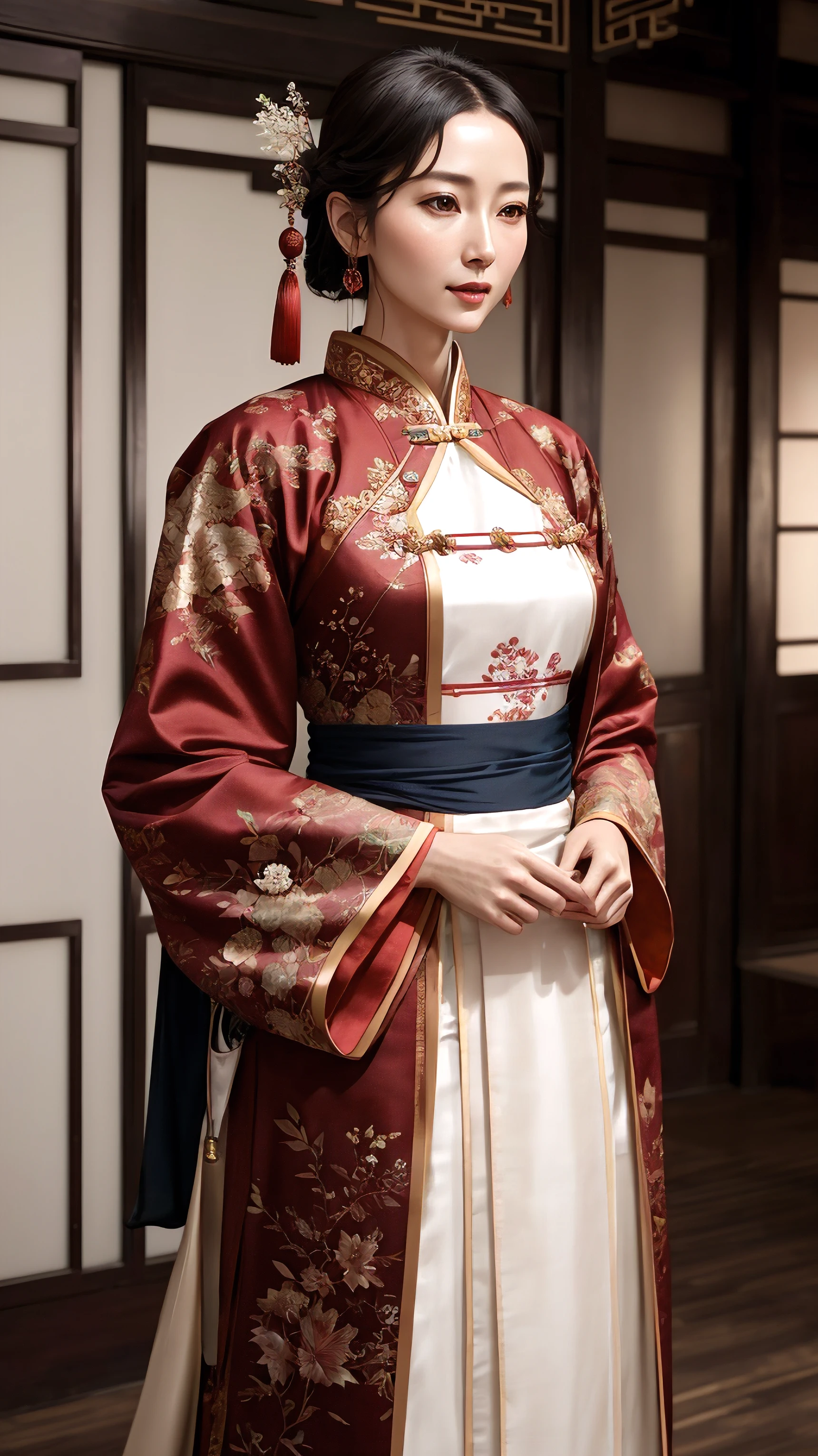 modelshoot style, (extremely detailed CG unity 8k wallpaper), full shot body photo of the most beautiful artwork in the world, Atey Ghailan, Studio Ghibli, by Jeremy Mann, Greg Manchess, trending on ArtStation, trending on CGSociety, (Intricate, High Detail), Sharp focus, dramatic, zskuijia, (realistic fabric texture), (detailed Chinese armor, hanfu), (perfect body), (photorealistic:1.6), (mature adult:1.25), gorgeous, stunning, beautiful,