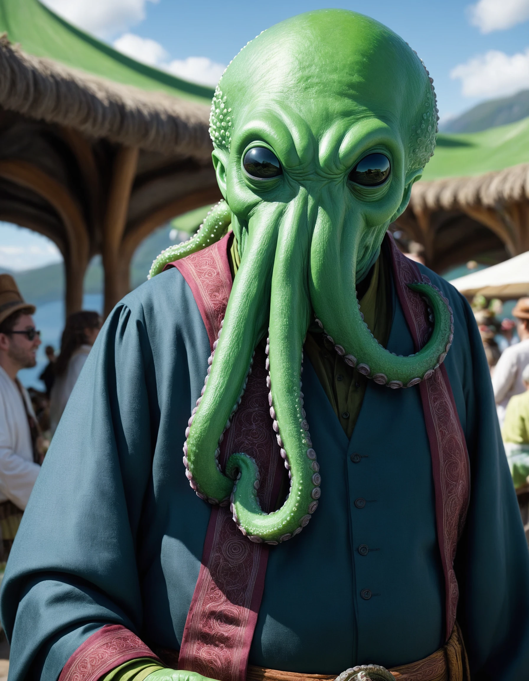 breathtaking A fat green (skinned tentacled alien being wearing traditional clothing:1.3) on vacation enjoying the local party scene at afternoon in Rivendell by J.R.R. Tolkien . award-winning, professional, highly detailed