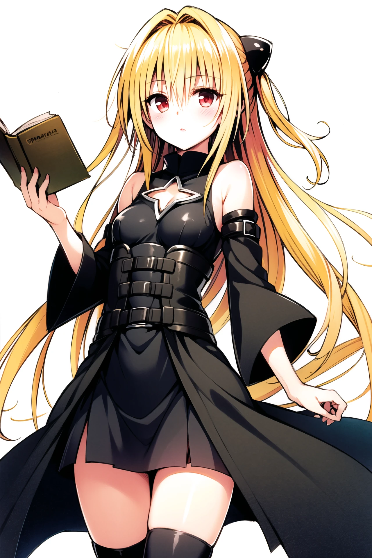 konjiki no yami, 1girl, solo, long hair, blonde hair, book, thigh strap, detached sleeves, very long hair, red eyes, white background, holding, two side up, cleavage cutout, hair ornament, holding book, breasts, clothing cutout, simple background, looking at viewer, bare shoulders, thighhighs, cowboy shot, small breasts, black dress, belt, <lora:Yabuki Kentarou_v2:0.8>