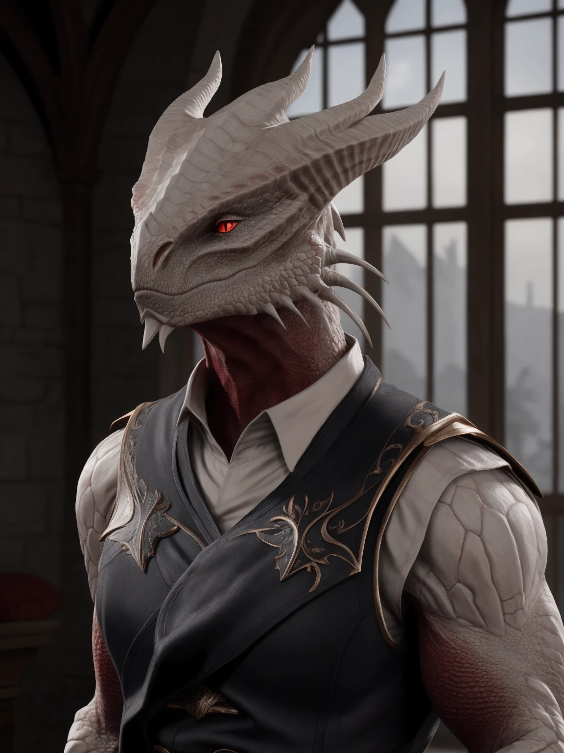 thedarkurge, dragonborn \(dnd\), white body, red eyes, male, (clothing), mage, vest, dnd, medieval, (tarvern), front view, indoor, bust portrait, (upper body), detailed scale, [red body], realistic, intricate, ultra realistic
<lora:thedarkurge_v1_ep10:0.7>