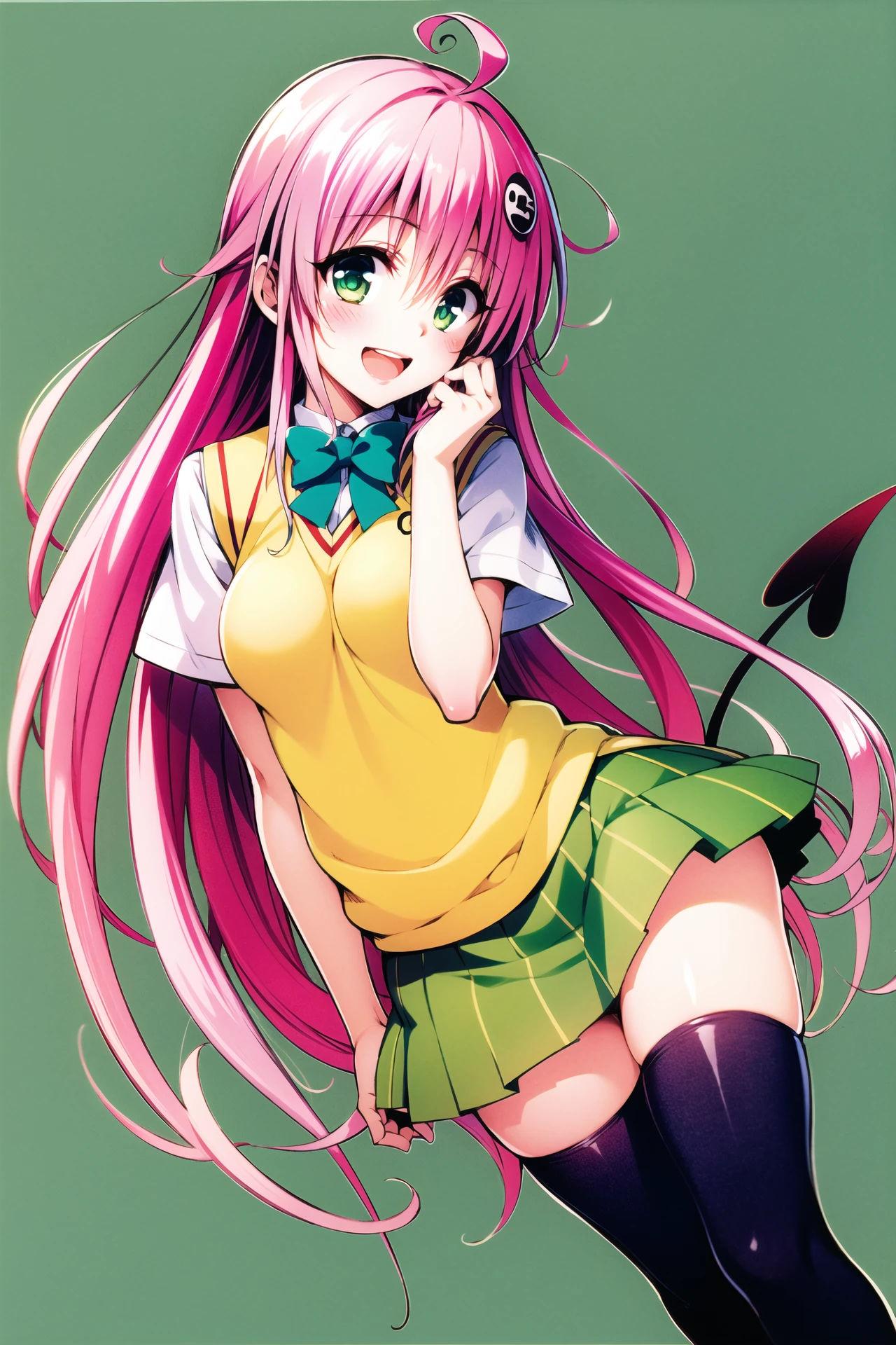 1girl, lala satalin deviluke, solo, long hair, pink hair, school uniform, green eyes, thighhighs, tail, smile, ahoge, skirt, open mouth, demon tail, sweater vest, zettai ryouiki, hair ornament, :d, breasts, black thighhighs, medium breasts, blush, very long hair,<lora:Yabuki Kentarou_v2:0.8>