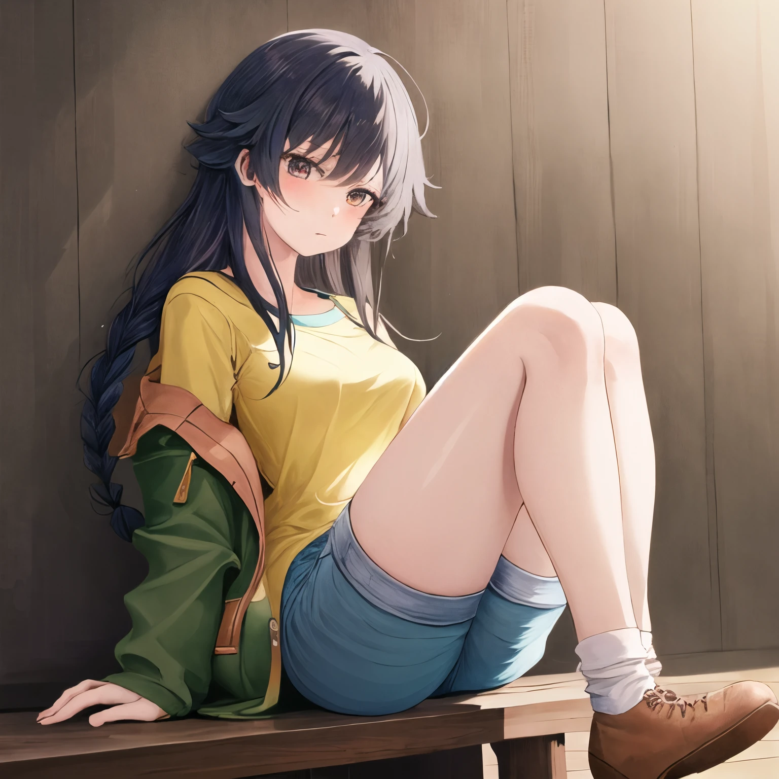 chiemi, 1girl, solo, blue shorts, braid, braided ponytail, brown footwear, green jacket, white socks, yellow shirt, socks, standing