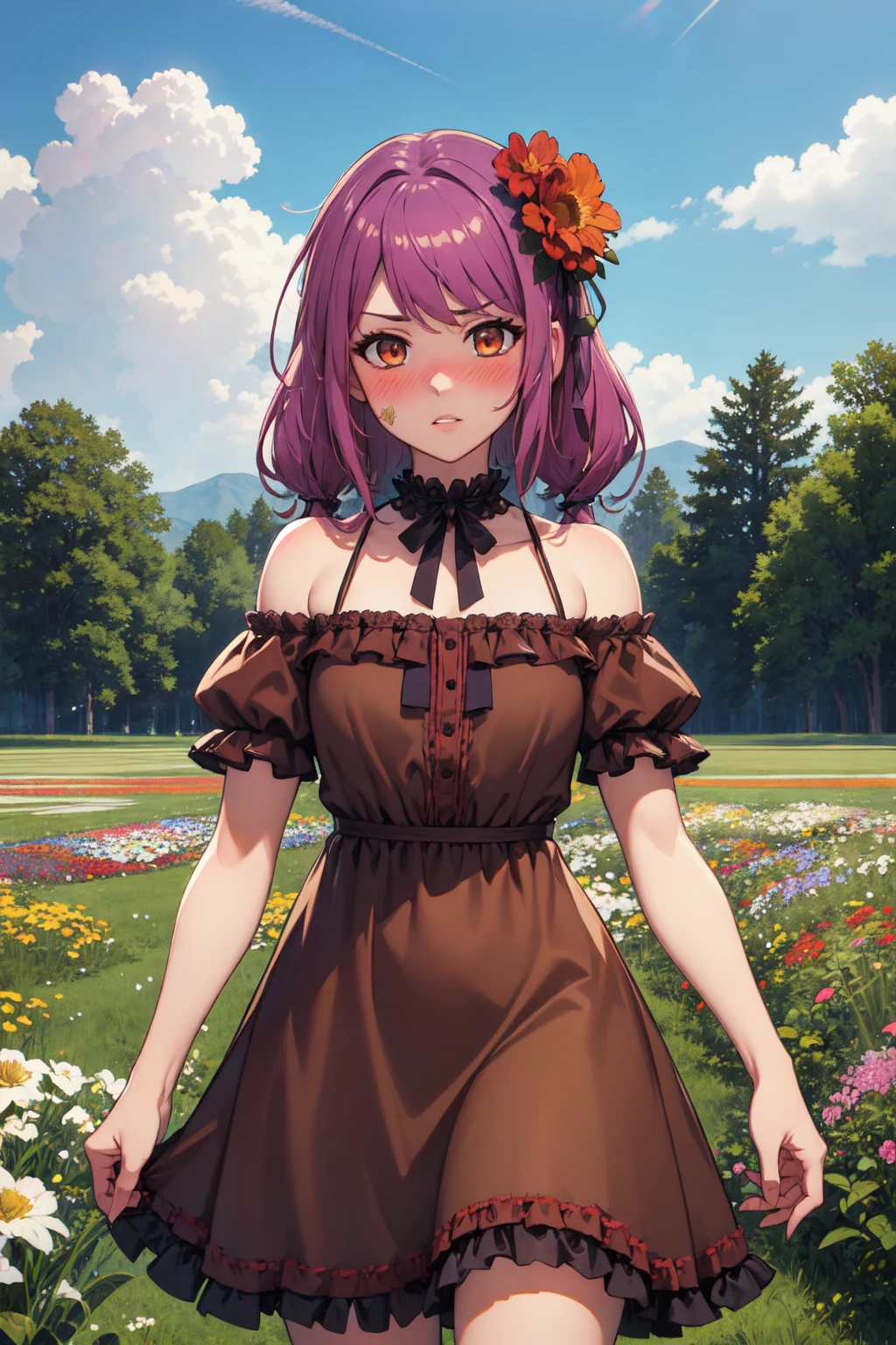 (masterpiece, best quality), outdoors, summer, flower field, cowboy shot, 1girl, solo, LeahAirisubaka, purple long hair, <lora:LeahAirisubaka_V1-Manityro-Dadapt:1>, toned, blush, embarrassed, looking at viewer, parted lips, brown dress, frilled dress, off-shoulder dress, short sleeves