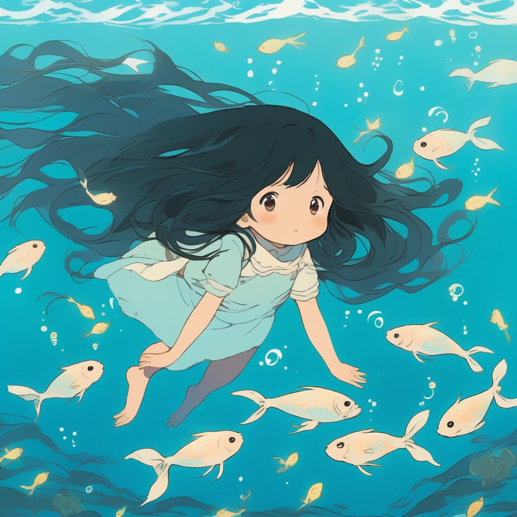 cute litter girl,cute Fish, in the Sea,long wavy hair, black hair, ghibli anime style,, (masterpiece,best quality,niji style)