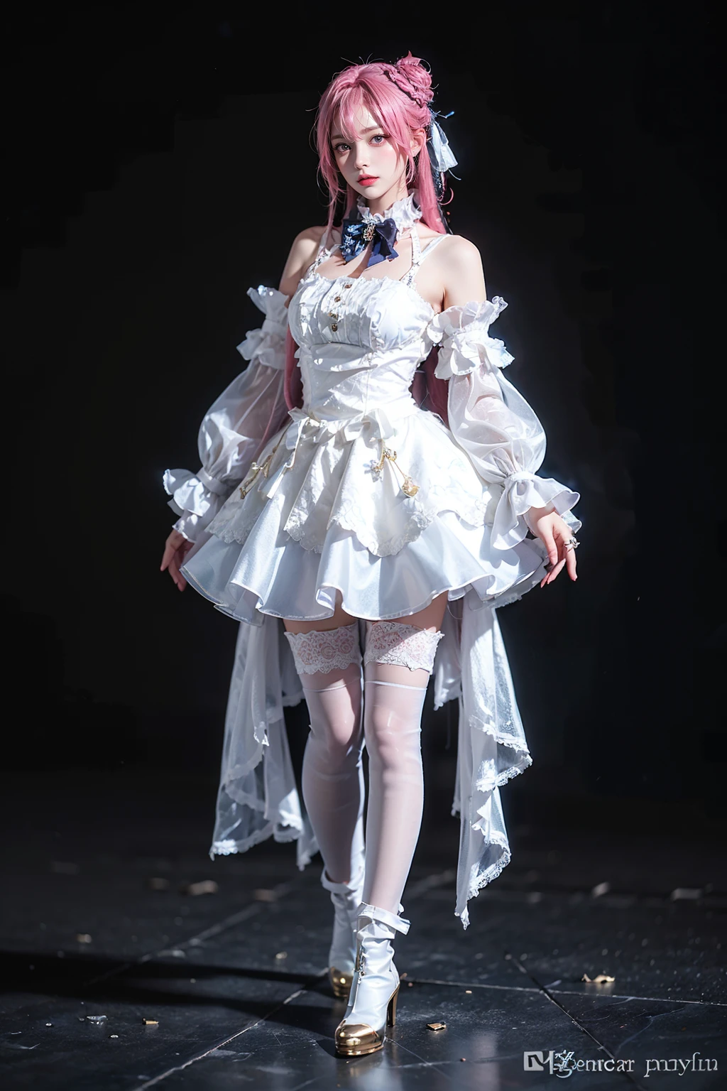 best quality, masterpiece, realistic, photorealistic, 1girl, solo, looking at viewer, full body, standing, dorothy costplay costume, cosplay, hair bun, white dress, detached sleeves, white thighhighs, high heel boots, detailed background, <lora:nikke_dorothy_cosplay_costume_v1:0.65>