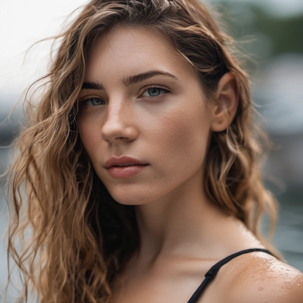 Portrait photo of a young woman with wet-looking lips, Nikon Z9, realistic matte skin, skin texture visible, (sharp focus), (high quality)