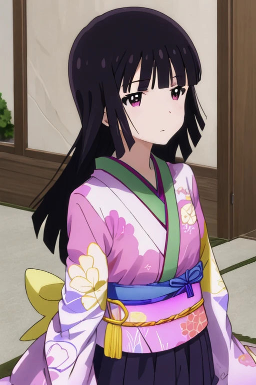 best quality, masterpiece, highres, solo, {mitsuki_kanzaki_imocho:1.15}, black_hair, long_hair, bangs, purple_eyes, 1girl, japanese_clothes, kimono, upper_body, blunt_bangs, anime_coloring, closed_mouth, hime_cut
