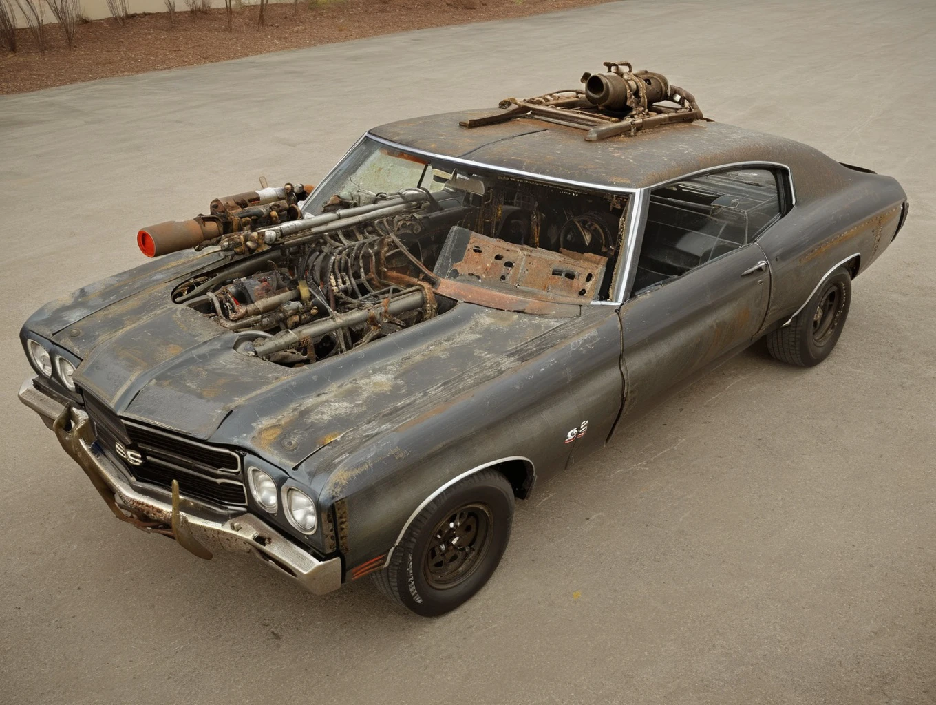 1970ChevelleSS_BLACKWHITE, aetherpunkai aircraft,
turret to side, missile launcher, cannon, sharp metal protrusions, cattle guard, rust, scratches, bullet holes, metal panels, exposed wires, saw blades, splatted paint, chains, robotic arm, hydraulic pump, compressor, propane tank,
BREAK
vault SZ_4poXL enviroment, shopping mall, water damage, debris, rubble,
BREAK
3d render, cgi, symetrical, octane render, 35mm, bokeh, 9:16, (intricate details:1.12), hdr, (intricate details, hyperdetailed:1.15), (natural skin texture, hyperrealism, soft light, sharp:1.2)
<lora:Post ApocalypticXL_v2:0.6> <lora:add-detail-xl:1> <lora:TechPunkAI:0.6> <lora:1970ChevelleSS_SDXL_v01:1>