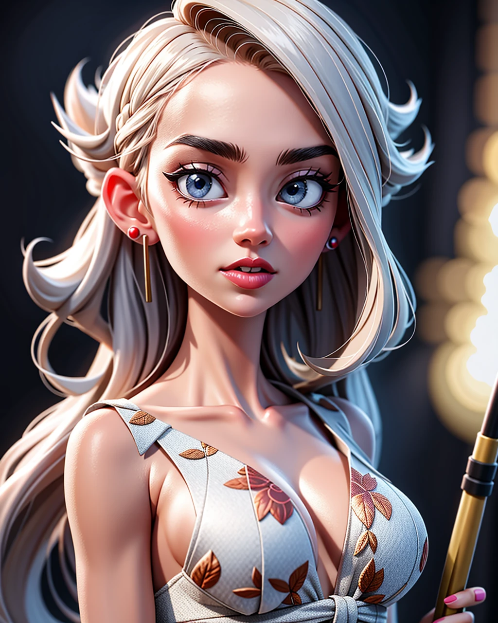 ((masterpiece), best quality, high quality, professional quality, highly detailed, highres, perfect lighting, natural lighting), Create a breathtaking, ultra-detailed illustration, Goddess of the hunt, dressed in a hunter's garb with a bow and arrow, Babe, Average Height, Slim, Square Face, Fair Skin, Platinum Blonde Hair, grey-blue Eyes, Short Nose, Thin Lips, Receding Chin, Long Hair, Straight Hair, Frohawk, soft breasts, Faux gauge earrings, soft pink metallic lipstick, Woodcut, elegant, Northern Lights