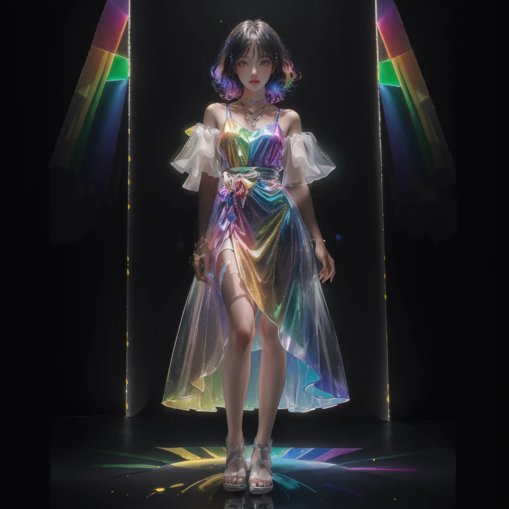 masterpiece, best quality,highres, 1girl, tall, perfect stature, liuli,<lora:liuli_20230828183428:0.6>,full body, bangs, chromatic dispersion,metallic_lustre, (tansparent_plastic:1.4), coloured glaze, Polychromatic prism effect, rainbowcore, iridescence/opalescence, glowing colors, aluminum foil, Glowing ambiance
