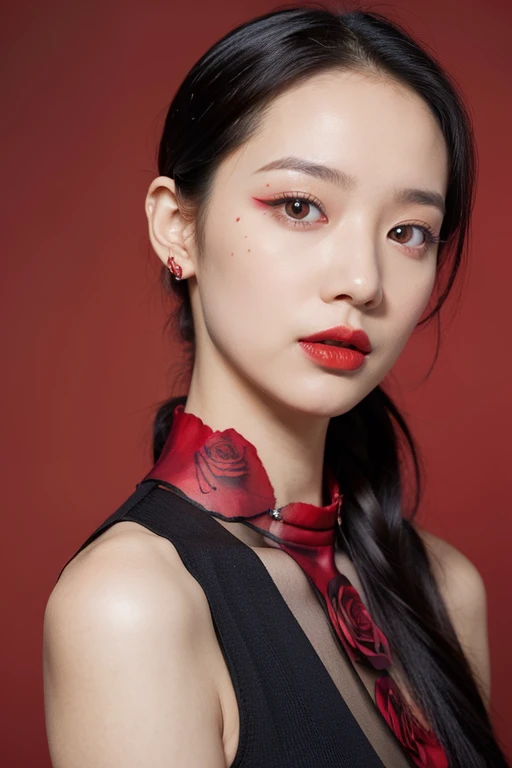 fashion photography, upper body:1, 1girl, (in red rose garden background:1), ((black hair)), ((Slicked Hair)), (face front), wear red roses dress, emotional face, studio light, studio, (((makeup portrait, black eyes, red eyeshadow))), ((many red roses covered on her face))