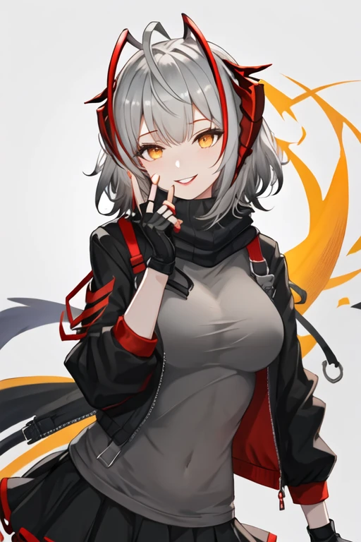 best quality, masterpiece, highres, solo, {w_arknights:1.15}, horns, bangs, short_hair, grey_hair, breasts, smile, demon_horns, upper_body, red_eyes, multicolored_hair, ahoge, white_hair, red_hair, medium_breasts, 1girl, black_gloves, black_jacket, black_scarf, fingerless_gloves, gloves, grey_shirt, jacket, looking_at_viewer, open_clothes, open_jacket, scarf, shirt, orange_eyes, parted_lips, holding, long_sleeves, remote_control, yellow_eyes, streaked_hair