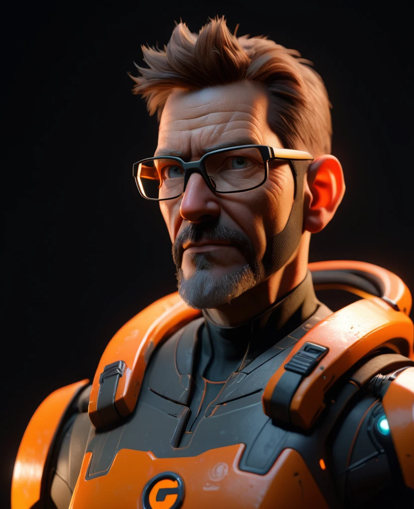 3 d rendered character portrait of gordon freeman, 3 d, octane render, depth of field, unreal engine 5, concept art, vibrant colors, glow, trending on (artstation:1.6), ultra high detail, ultra realistic, cinematic lighting, focused, 8 k  unreal engine 5, light effect, magnificent