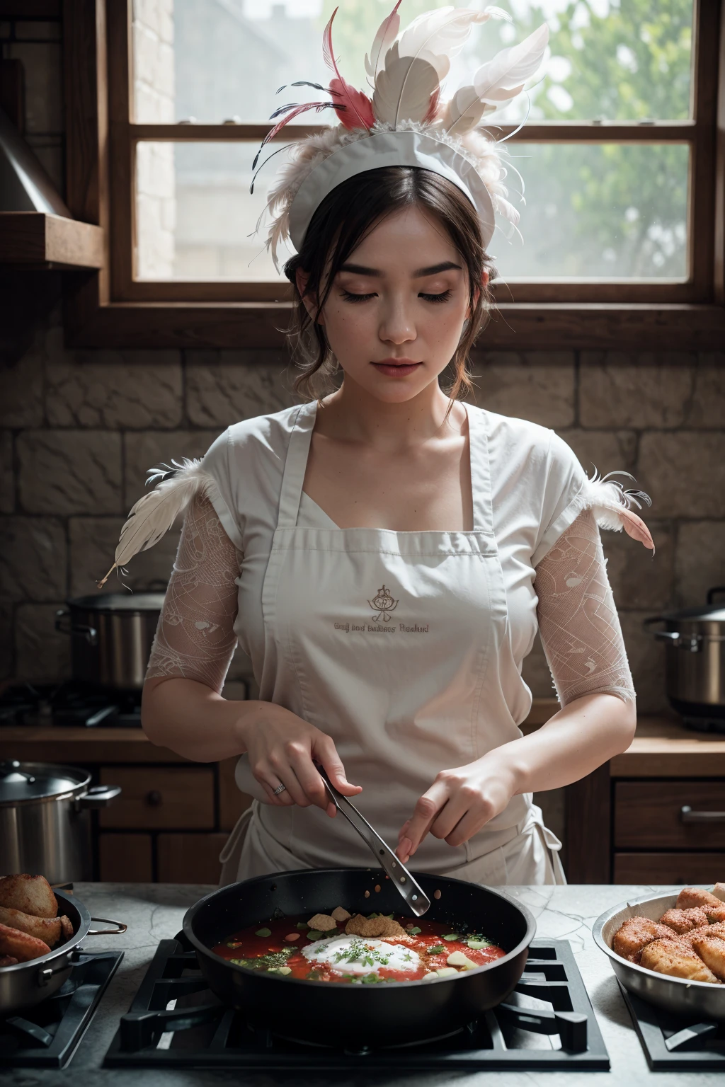 highly detailed portrait of a silly chicken chef, in chef clothing, (feathers:1.5), (cooking:1.3), magical, in a medieval kitchen garden, (shallow depth of field:1.4), foliage, global illumination, radiant light, detailed and intricate environment #cinematic, light shafts, dust motes  sparkles, (Extremely Detailed Oil Painting:1.2), glow effects, godrays, Hand drawn, render, 8k, octane render, cinema 4d, blender, dark, atmospheric 4k ultra detailed, cinematic sensual, Sharp focus, humorous illustration, big depth of field, Masterpiece, colors, 3d octane render, 4k, concept art, trending on artstation, hyperrealistic, Vivid colors, extremely detailed CG unity 8k wallpaper, trending on ArtStation, trending on CGSociety, Intricate, High Detail, dramatic