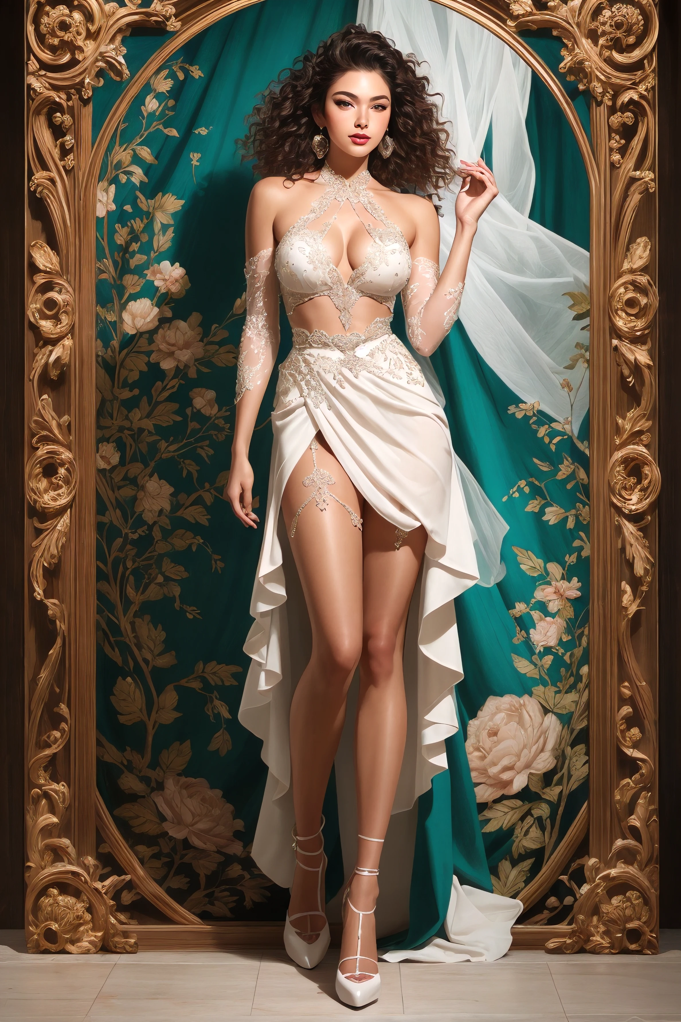 (full body:1.5), (masterpiece, realistic:1.3), (extremely intricate:1.2), (photorealistic:1.4), (extremely delicate), (ultra realistic:1.3), (hyperrealistic 3d render), hyperrealistic photography, extremely detailed CG unity 8k wallpaper, HDR, RAW photo, dslr, (instagram most viewed:1.3), trending on CGSociety, (a high detail RAW color professional full body photo), organic cyborg, white plastic, diffuse lighting, fantasy, intricate, elegant, highly detailed, lifelike, photorealistic, digital painting, artstation, illustration, concept art, smooth, sharp focus, extremely detailed magazine cover-style digital painting, (magazine cover-style illustration of a fashionable woman in a vibrant outfit), abs, adding a touch of fantasy to the scene, the text on the cover should be bold and attention-grabbing, with the title of the magazine and a catchy headline, the overall style should be modern and trendy, with a focus on fashion and fantasy, helvetica-bold,
Build a magnificent, ultra-detailed masterpiece, ( wearing Gorgeous chitoniskos with flowing layers and ornate trim ), Trailblazer, Tall, Toned, Diamond-Shaped Face, Tan Skin, White Hair, Hazel Eyes with Green Flecks, Wide Nose, Thin Lips, Round Chin, Shoulder-Length Hair, Wavy Hair, Wavy Bob, firm breasts, Threader earrings, teal matte lipstick, surrealism oil painting, striking, Animal, Rust, (photorealistic:1.6), (perfect body, perfect legs),
<lora:sxz-niji-v2:0.4>, nijistyle, <lora:AnimeLeges:0.2>, high heels, stockings, lace trim, pantyhose, cleavage, narrow waist, huge breasts,