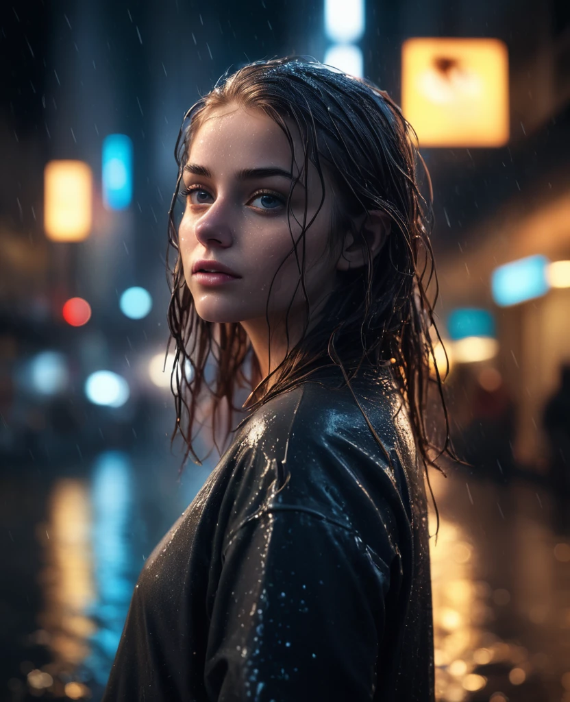 (alan schaller, christopher balaskas, :1.33), (epic portrait:0.85) a (cute:1.1) girl, wet flowing hair, sweaty skin, night, (soft cinematic light, adobe lightroom, photolab, hdr, intricate, highly detailed, :0.83), (depth of field:1.10), epic realistic