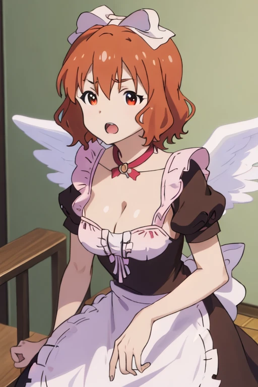 best quality, masterpiece, highres, solo, {maid:1.40}, {long maid dress:1.15}, {hiyori_kotobuki_imocho:1.15}, short_hair, wings, breasts, hair_bow, bow, cleavage, orange_hair, red_eyes, open_mouth, brown_hair, medium_breasts