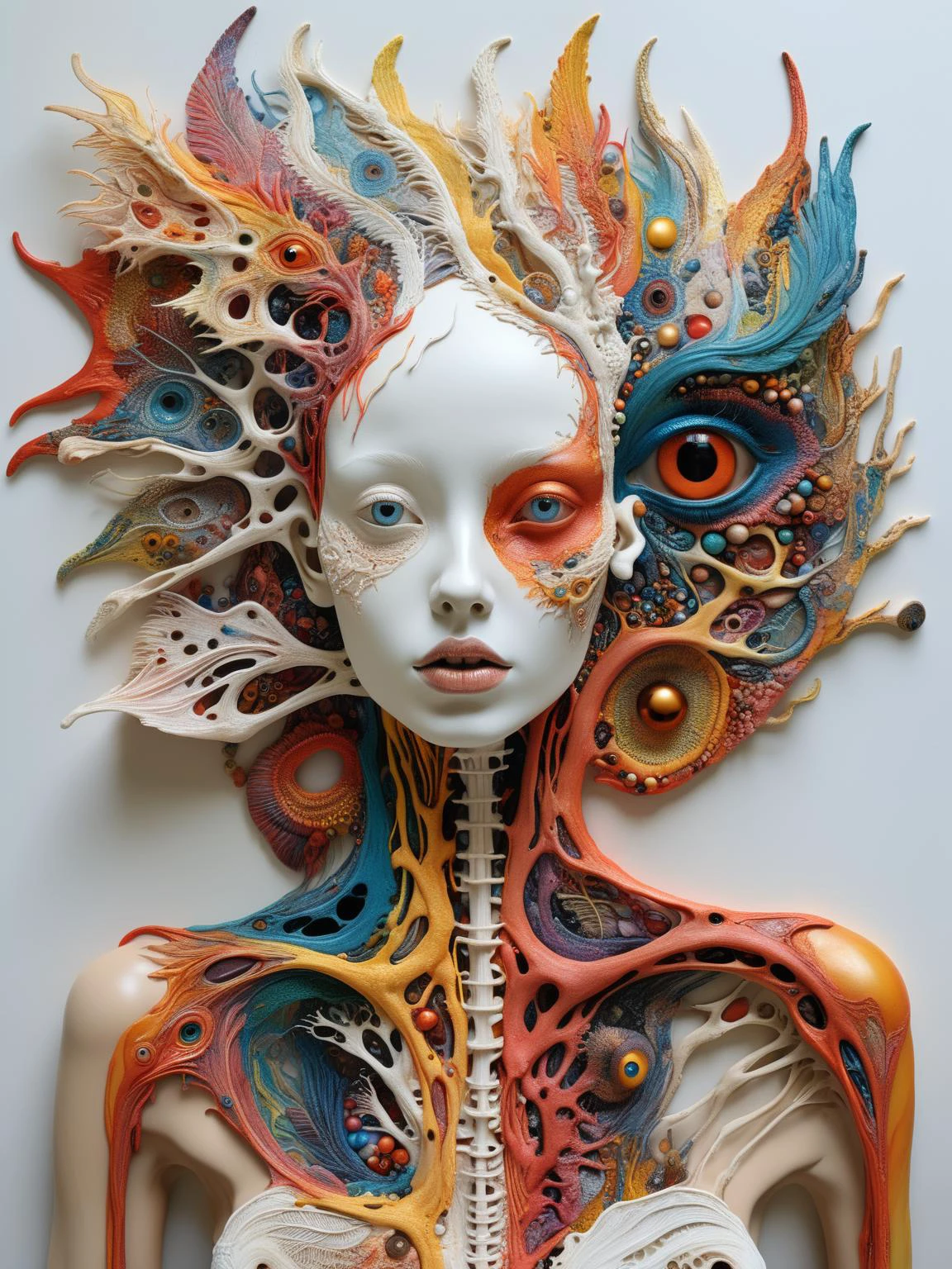 Skinless Skeleton A close up of a sculpture of a woman with a colorful head - SeaArt AI