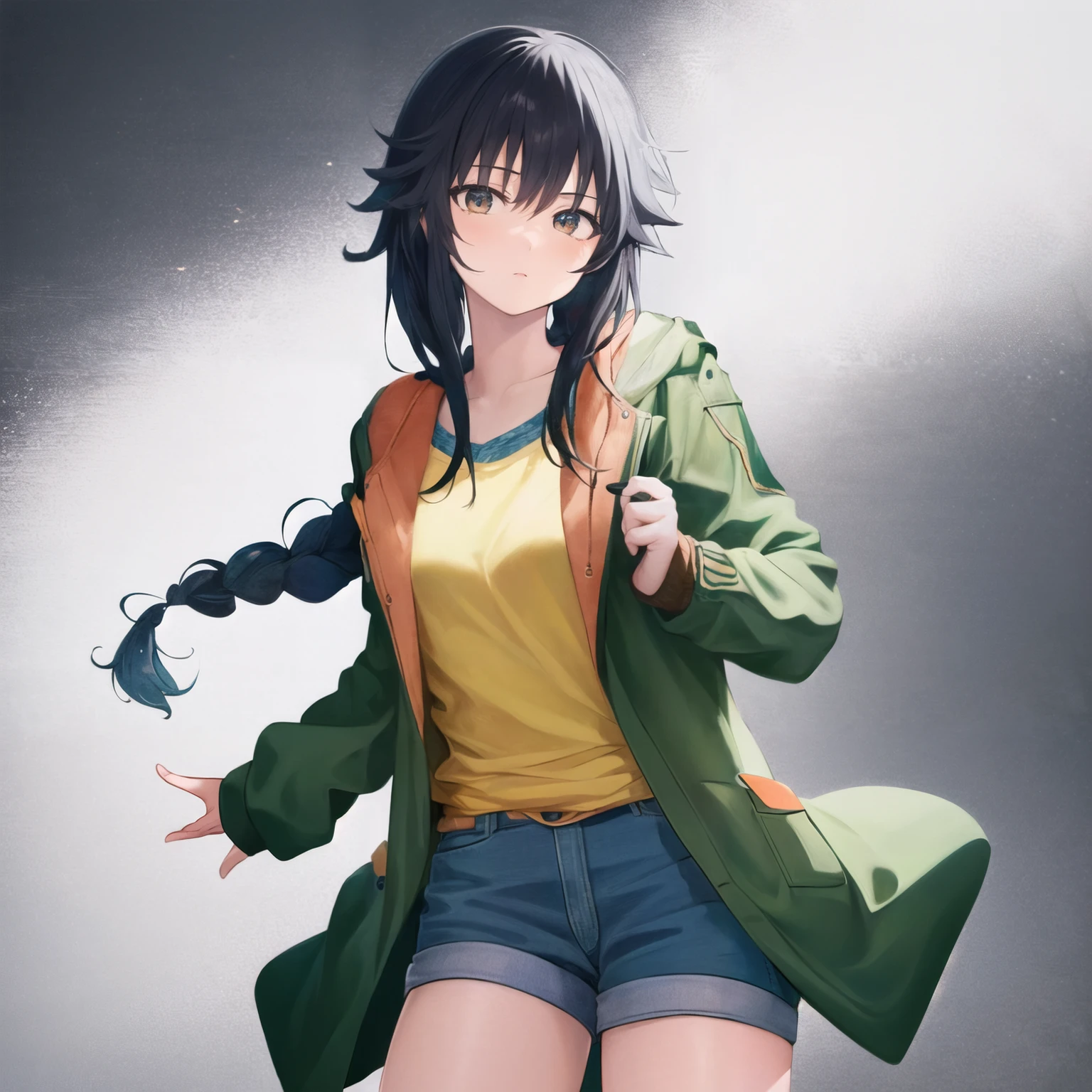 chiemi, 1girl, solo, blue shorts, braid, braided ponytail, brown footwear, green jacket, white socks, yellow shirt, socks, standing, cowboy shot