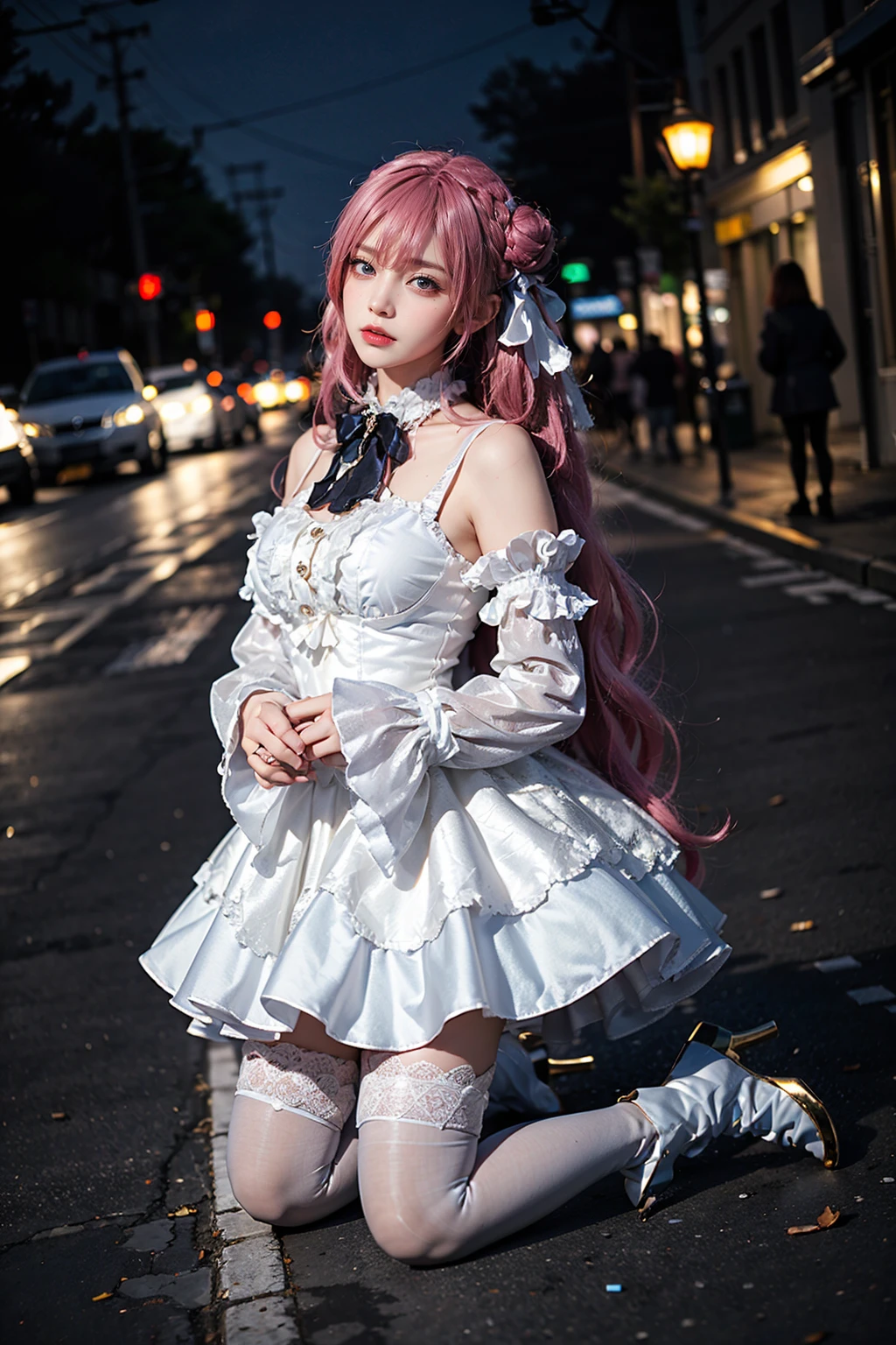 best quality, masterpiece, realistic, photorealistic, 1girl, solo, looking at viewer, full body, kneeling, dorothy costplay costume, cosplay, hair bun, white dress, detached sleeves, white thighhighs, high heel boots, detailed background, in street, night, <lora:nikke_dorothy_cosplay_costume_v1:0.65>