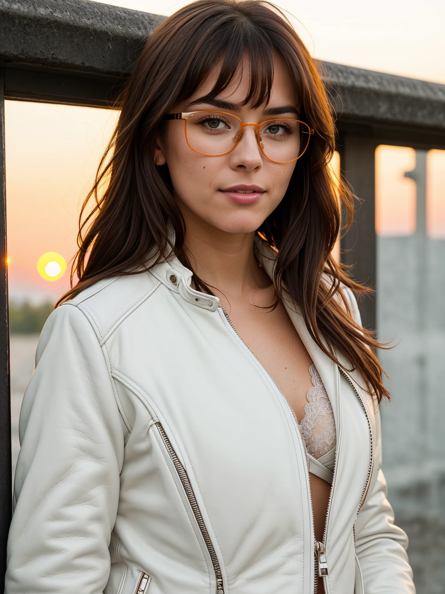 solo, very detailed, detailed face, brunette, picture of a beautiful 30yo woman wearing lingerie under white leather jacket, upper body, sunset, glasses, reflection, orange sky, intricate view, looking at viewer, soft smile