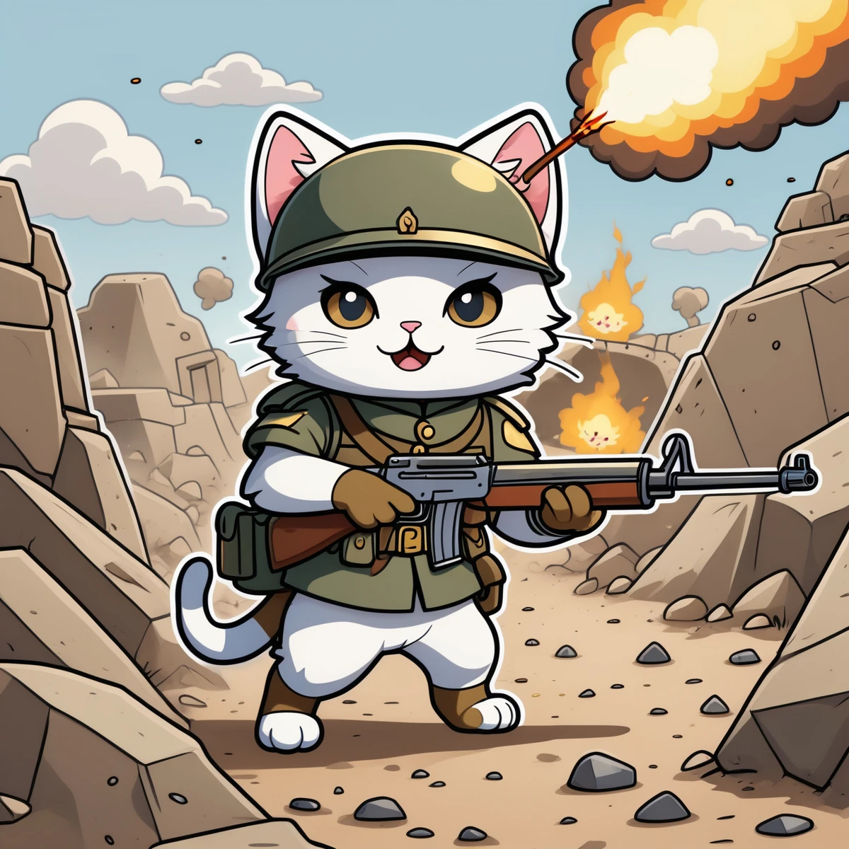 ((a cute cat soldier)), majestic, (fighting in WW1 trenches), warzone, explosions, masterpiece, best quality, Sticker, Cute sticker, Kawaii sticker, die-cut, plain background, illustration minimalism, vector, pastel colors, kawaii