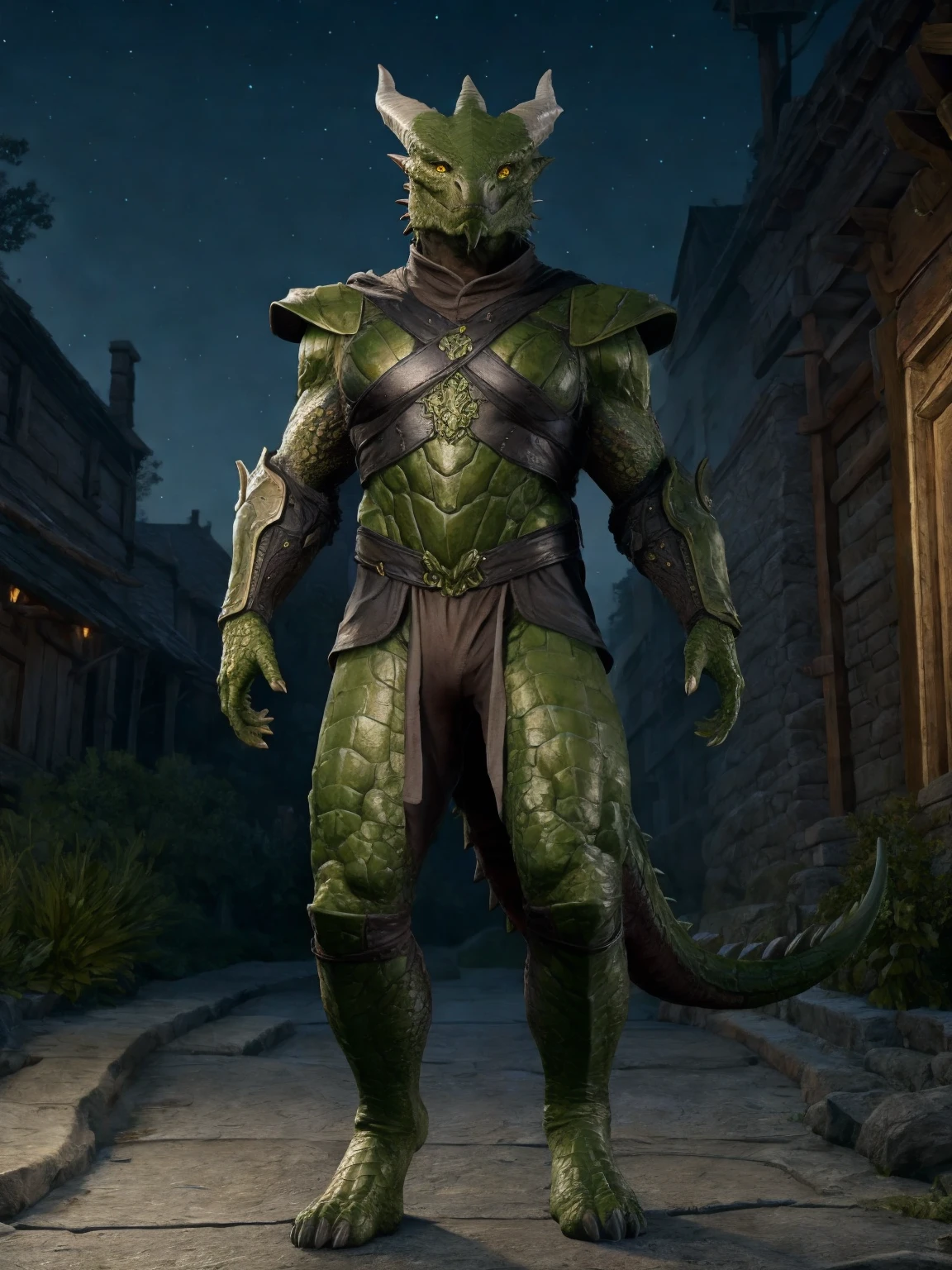 dragonborn \(dnd\), green body, yellow eyes, male, (armored), plate armor, dnd, medieval, (street), standing, outdoor, (night), (full body), detailed scale, realistic, intricate, ultra realistic
<lora:thedarkurge_v1:0.7>