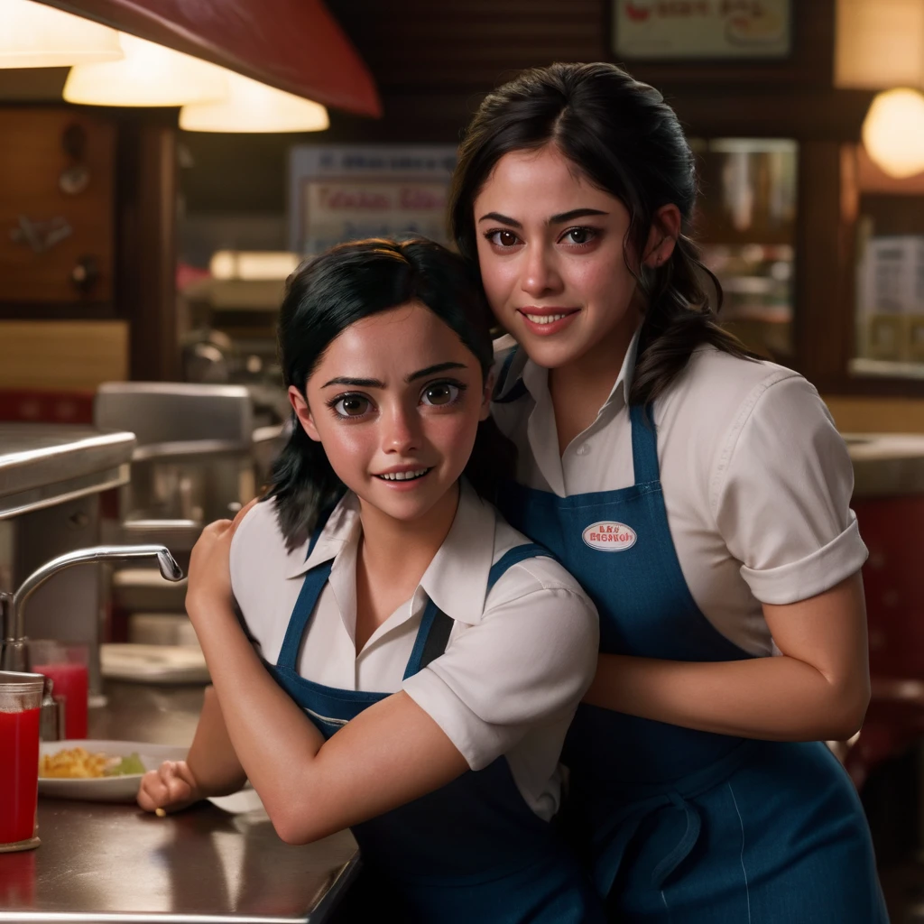 rosa_salazar_alita, <lora:RosaSalazarXL:1>(dark shot:1.4), 80mm, 2 beautiful woman, working as a (waitress) at a diner, wearing white shirt, blue apron, jeans, hugging each other, looking at the viewer smiling, ((perfect eyes, detailed eyes,realistic eyes)), ((sharp face, detailed face, realistic face, naturtal skin, realistic skin, detailed skin, pores))