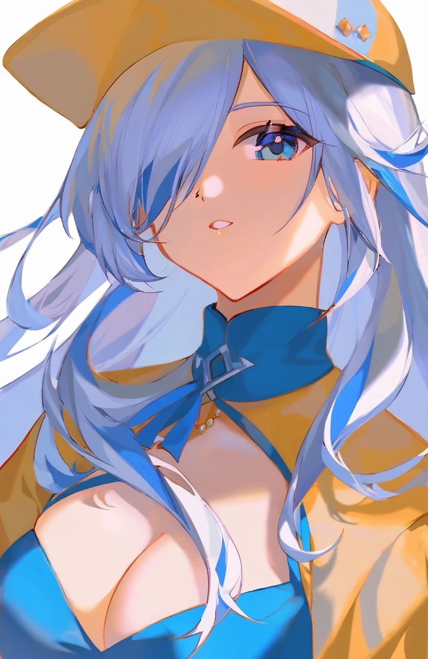 by hlymoriia, 1girl, solo, blue eyes, multicolored hair, hair over one eye, blue hair, looking at viewer, long hair, upper body, one eye covered, white background, cleavage cutout, virtual youtuber, petals, breasts, simple background, blue dress, clothing cutout, white hair