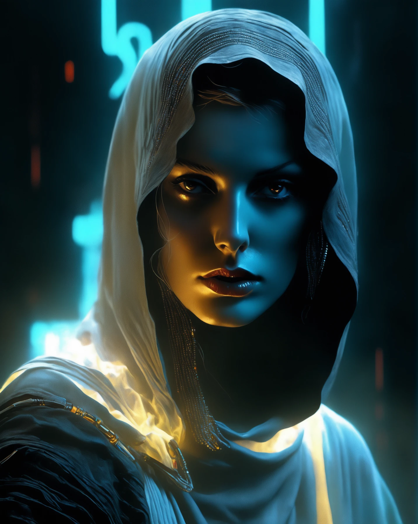 Scary cloaked female ghost with lifeless eyes, white pale skin, black background, close-up, horror, dark and haunting, hyperrealism, ultra-detailed, 8k, sharp focus, emitting diodes, smoke, artillery, sparks, racks, system unit, motherboard, by pascal blanche rutkowski repin artstation hyperrealism painting concept art of detailed character design matte painting, 4 k resolution blade runner