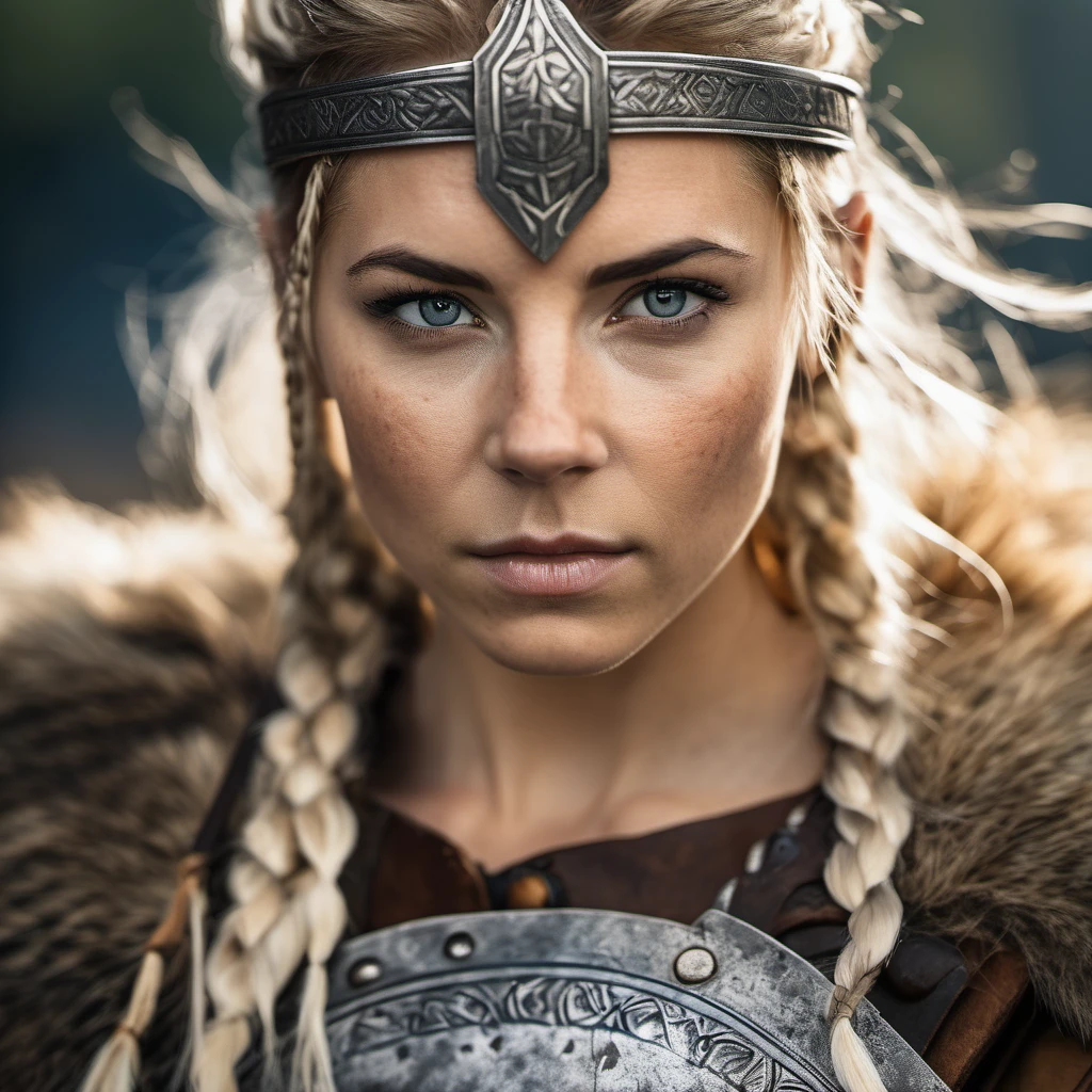 Portrait photograph of a beautiful and fierce viking shield maiden , Nikon Z9, looking at the camera, realistic matte skin, (highly detailed), ((skin texture)), (sharp focus), high-res
