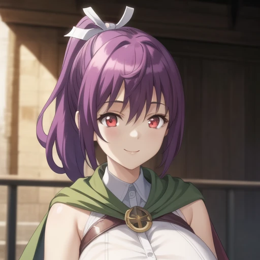 (masterpiece, best quality:1.2),illustration,8k,hd,1girl,solo,upper body,(portrait:1.2),large breasts,purple hair,ponytail,smile,long hair,white shirt,cape,red eyes,fingerless gloves,denim shorts,hair between eyes,hair ribbon,white legwear,brown footwear,<lora:Irari-V1:0.8>,